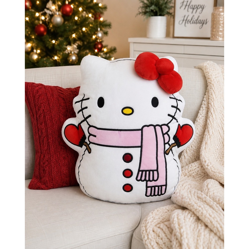 Sanrio Hello Kitty Snowman Holiday Plush Pillow 18 Inch Red Bow Pink Scarf NEW
